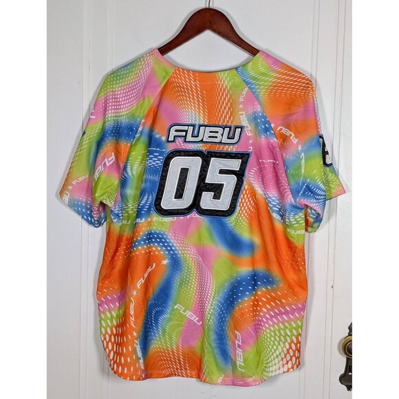 Fubu x Forever 21 Jersey Women's XL Short Sleeve Tie Dye Y2K Button Up VTG Retro - Picture 2 of 4